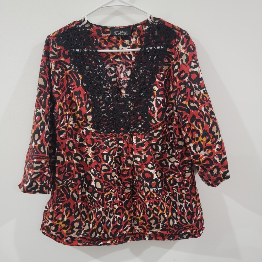 Theresa Renz Womens Linen Top Size Small Leopard Feminine Lace 3/4 Sleeve